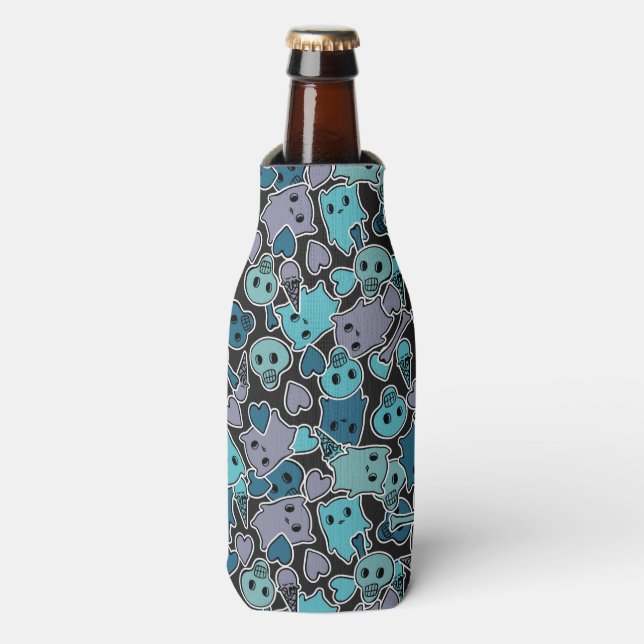 Enfriador De Botellas Calaveras y corazones sobre fondo negro 2 (Frente de la botella)