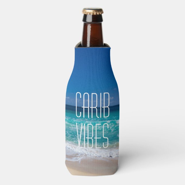 Enfriador De Botellas Caribe Vibes Playa Tropical Agua Turquesa con Nomb (Frente de la botella)