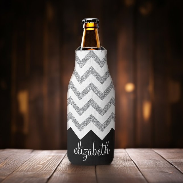 Enfriador De Botellas Chevras y nombres de impresión de Purpurina negro  (Add your name to this personalized bottle cooler.)