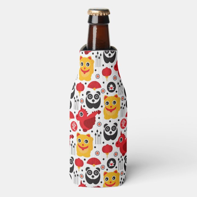 Enfriador De Botellas Chino afortunado gato, dragón y panda (Frente de la botella)