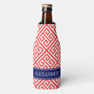 Enfriador De Botellas Coral Rojo con Clave Griega Diagonal en Blanco y A