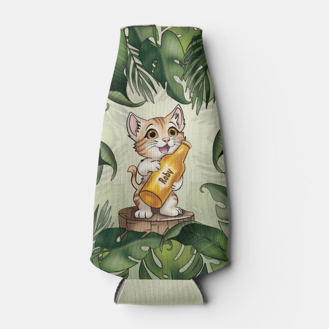 Enfriador De Botellas Cute Cat Holding Beer Jungle Personalizado (Anverso)