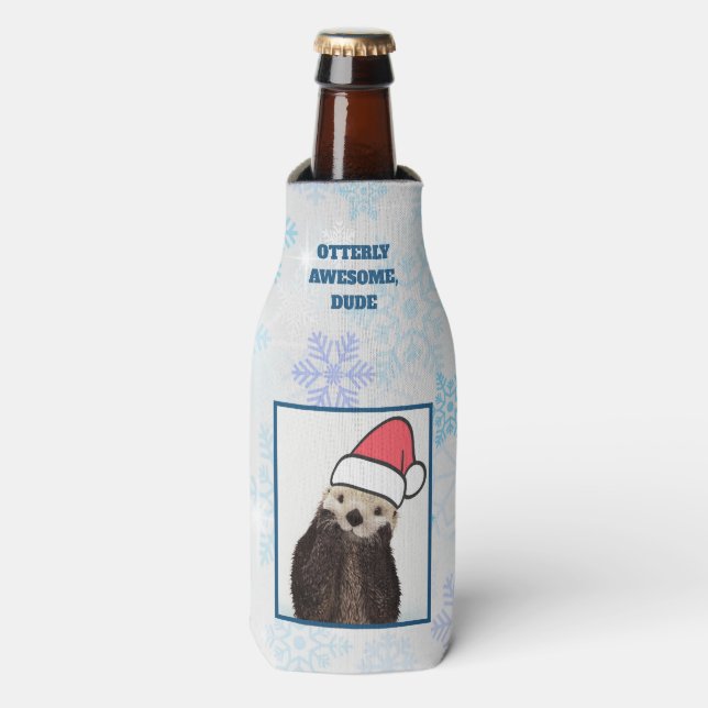 Enfriador De Botellas Cute Otter llevando un Navidad de Santa Hat (Frente de la botella)