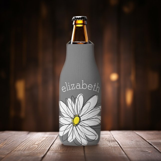 Enfriador De Botellas Daisy floral de moda con nombre personalizado amar (Whimsical Daisy - Personalize this bottle cooler with your monogram.)