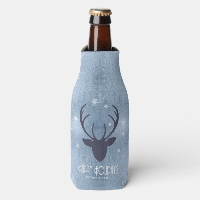 Enfriador De Botellas Deer Antlers Silhouette & Snowflakes Blue ID861 (Frente de la botella)