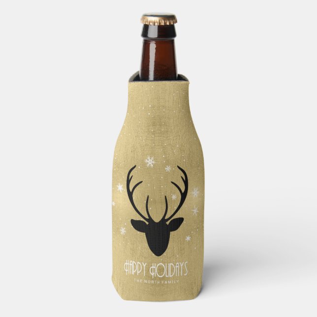 Enfriador De Botellas Deer Antlers Silhouette & Snowflakes Gold ID861 (Frente de la botella)