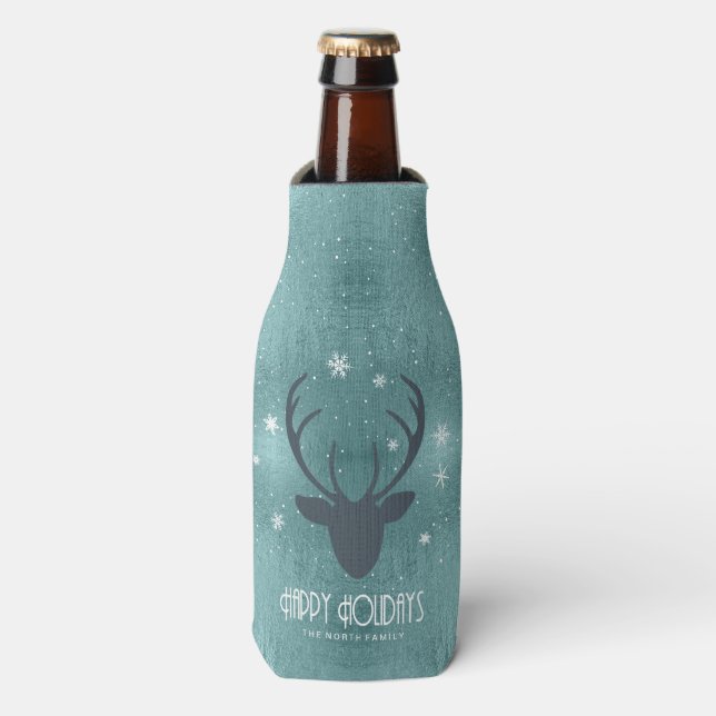 Enfriador De Botellas Deer Antlers Silhouette & Snowflakes Verde azulada (Frente de la botella)