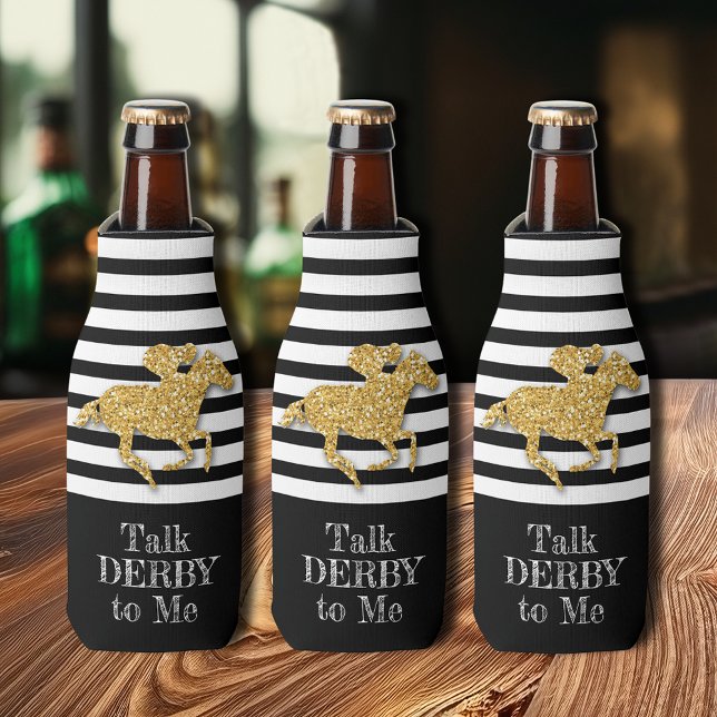 Enfriador De Botellas Derby Gold Racehorse Bandas Blancas Negras (Derby gold racehorse on black and white stripes beverage bottle coolers)