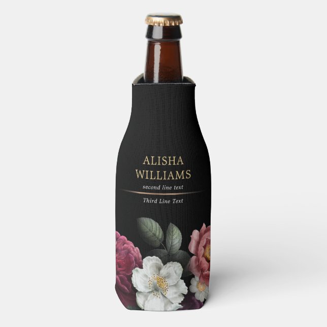 Enfriador De Botellas Dorado floral personalizado de lujo negro (Frente de la botella)