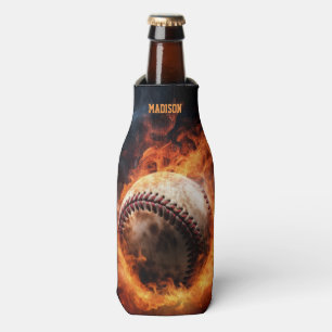 Enfriador De Botellas El béisbol de texto personalizado en el fuego