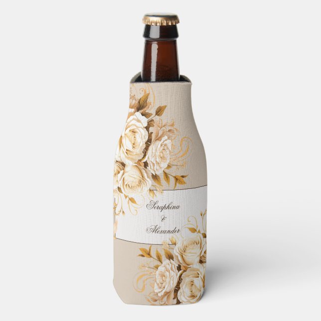 Enfriador De Botellas Elegante Boda dorado y floral de marfil (Frente de la botella)