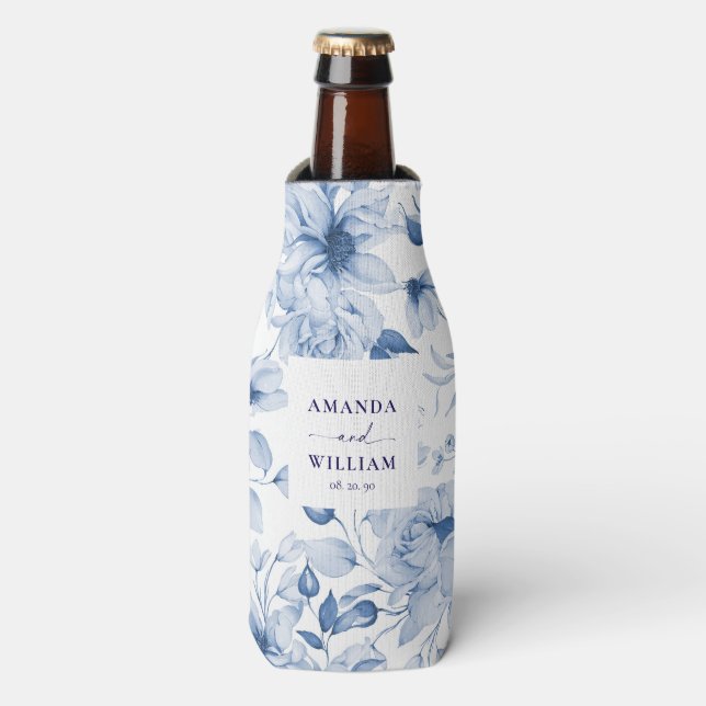 Enfriador De Botellas Elegante Boda floral azul (Frente de la botella)