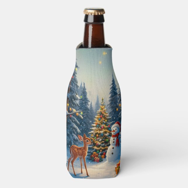 Enfriador De Botellas Escena De Árbol De Navidad Cute Deer Fawn Snowman (Frente de la botella)