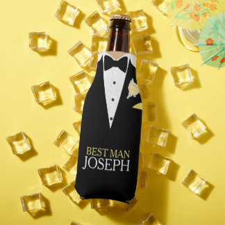 Enfriador De Botellas Esmoquin de padrino con rosa amarilla y nombre per