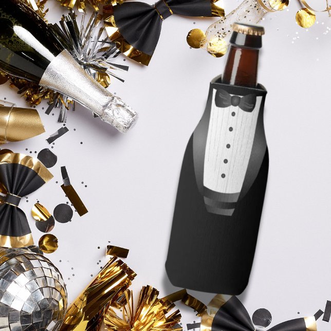 Enfriador De Botellas Esmoquin negro del equipo Groomsman del partido de (Bachelor Party Groomsman Team Groom black tuxedo Bottle Cooler)