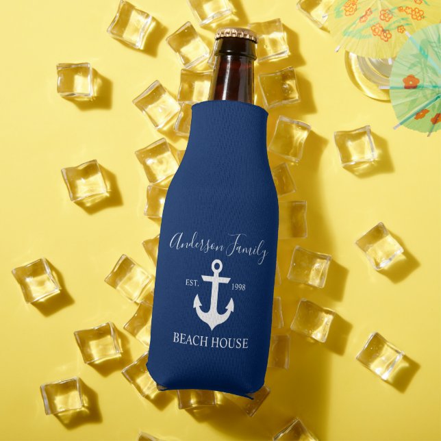 Enfriador De Botellas Estilo Script Nautical Anchor Beach House Blue (Verano in situ)