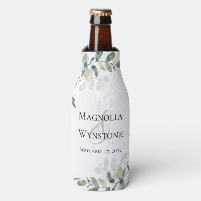 Enfriador De Botellas Eucalyptus Greenery Boda Monograma (Frente de la botella)