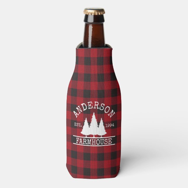 Enfriador De Botellas Familia Farmhouse Nombre Red Buffalo Plaid (Frente de la botella)