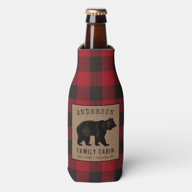 Enfriador De Botellas Familia Rustic Bear Cabina Red Buffalo Plaid Burla (Frente de la botella)