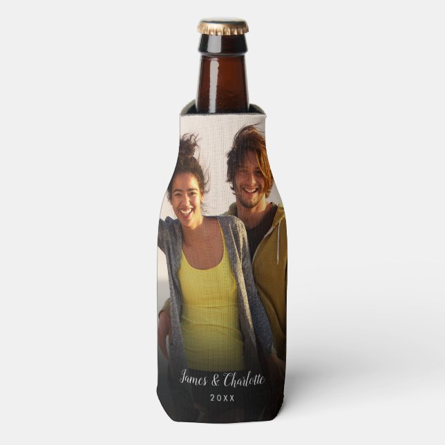 Enfriador De Botellas Fecha de nombre de guión de foto personalizado (Frente de la botella)