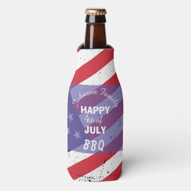 Enfriador De Botellas Feliz 4 de julio, barbacoa de la familia patriótic (Frente de la botella)
