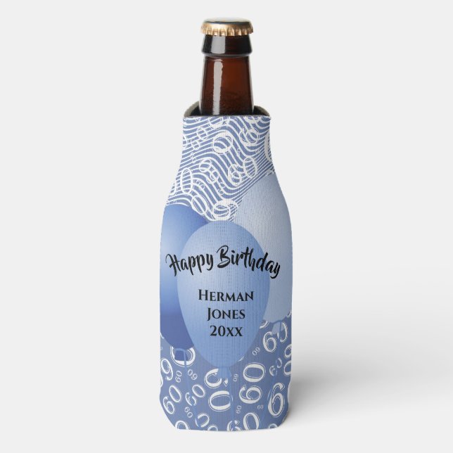 Enfriador De Botellas Feliz cumpleaños número 60 Patrón azul y blanco (Frente de la botella)