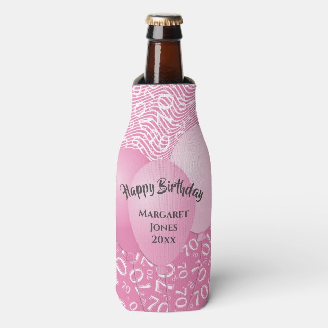 Enfriador De Botellas Feliz cumpleaños número 70 Patrón rosa y blanco (Frente de la botella)