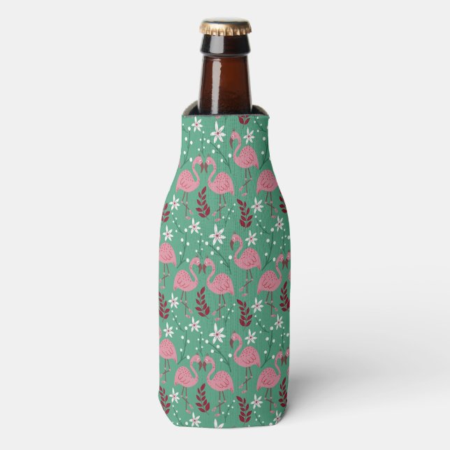 Enfriador De Botellas Flamingo floral sin soldadura patrón rosa verde (Frente de la botella)