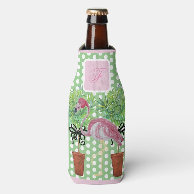Enfriador De Botellas Flamingo rosa de árbol de palmas (Frente de la botella)