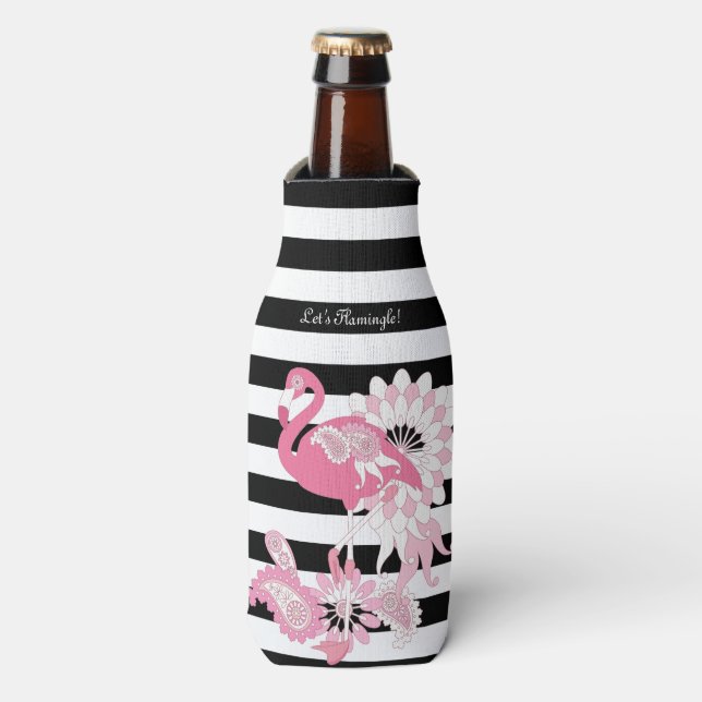 Enfriador De Botellas Flamingo rosa de franja blanca y negra moderna (Frente de la botella)