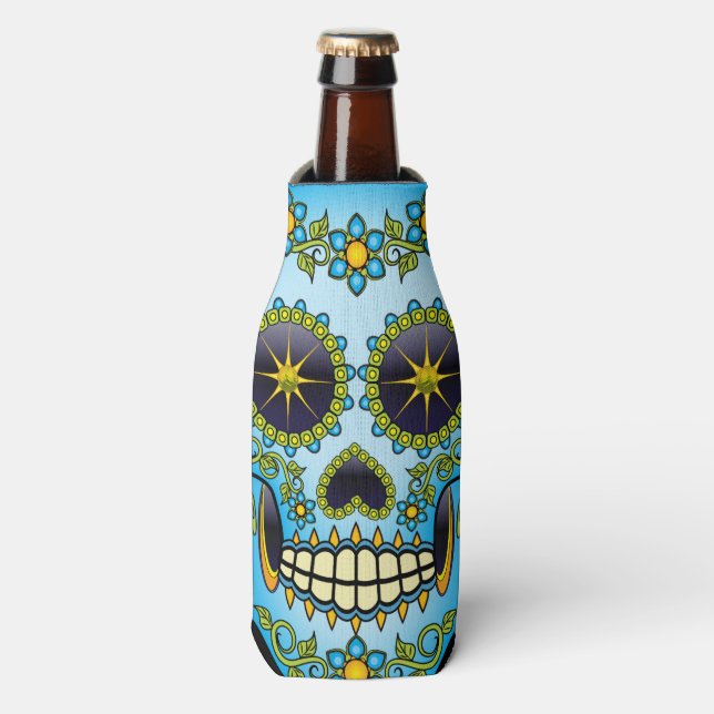 Enfriador De Botellas Flor azul de cráneo azucarero (Frente de la botella)