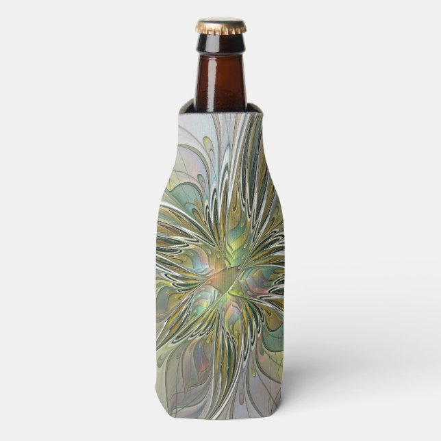 Enfriador De Botellas Flor De Arte Fractal Moderno Con Oro (Frente de la botella)