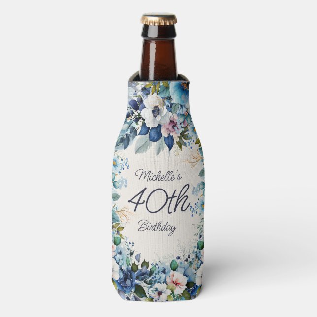Enfriador De Botellas Floral azul acuarela 40 cumpleaños Fiesta (Frente de la botella)