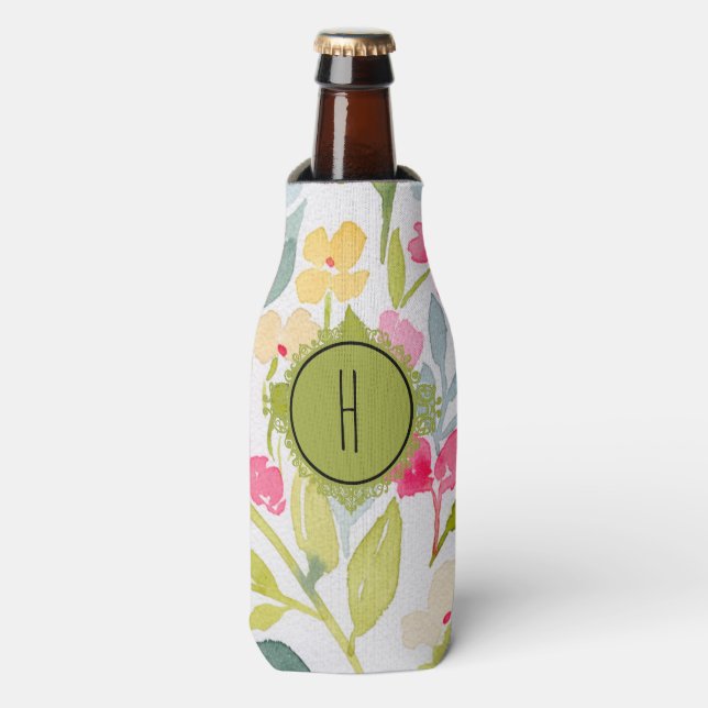 Enfriador De Botellas Floral monogramada personalizada (Frente de la botella)