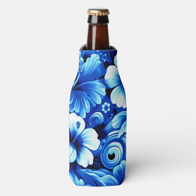 Enfriador De Botellas Flores tropicales hawaianas Hibiscus Cobalt Blue (Frente de la botella)