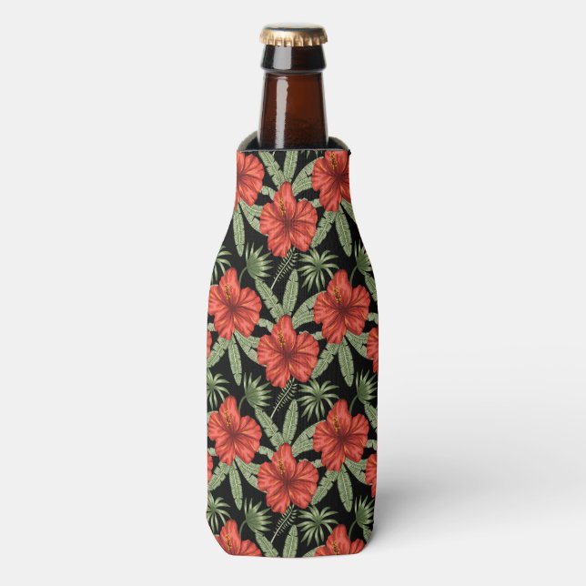 Enfriador De Botellas Flores tropicales rojas patrón de hojas verdes sin (Frente de la botella)