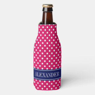Enfriador De Botellas Frambuesa Lunares Blancos Monograma Nombre Navy