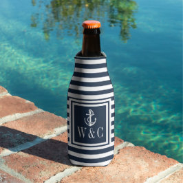 Enfriador De Botellas Franja azul marino ancla náutica monograma