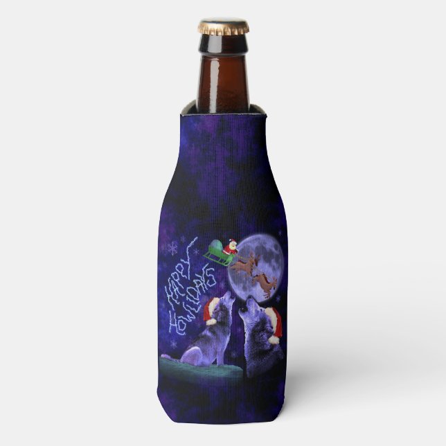 Enfriador De Botellas Funny Happy Howlidays Navidades Wolf Pun (Frente de la botella)