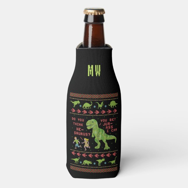 Enfriador De Botellas Funny Navidades Rex Dinosaur Pun Humor Faux Knit (Frente de la botella)