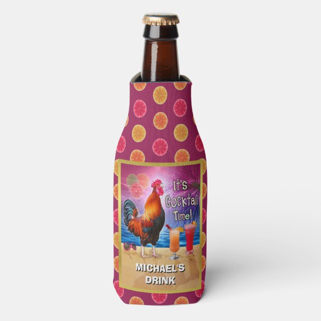 Enfriador De Botellas Funny Rooster Chicken Bebe Tropical Beach Name (Frente de la botella)