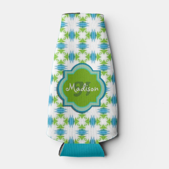 Enfriador De Botellas Geométrico funky verde, azul, monograma blanco (Anverso)
