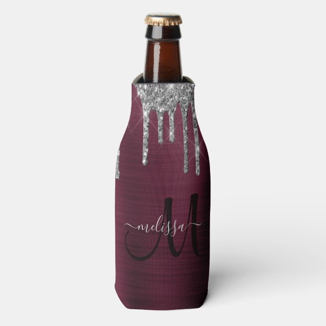 Enfriador De Botellas Girly Burgundy Dripping Purpurina Brussel Nombre M (Frente de la botella)