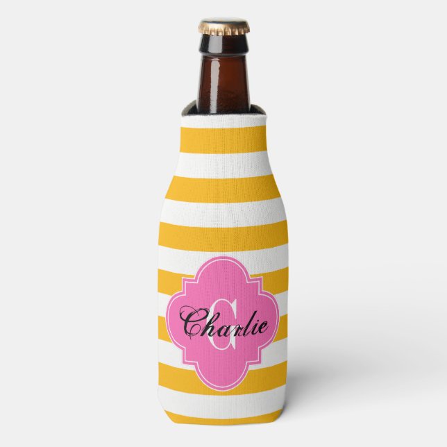 Enfriador De Botellas Goldenrod White Horiz Stripe HP Name Init Monogram (Frente de la botella)