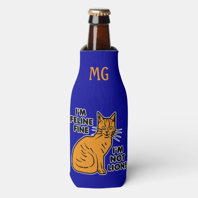 Enfriador De Botellas Gracioso Cat Pun Naranja Kitty Feline Fine Monogra (Frente de la botella)