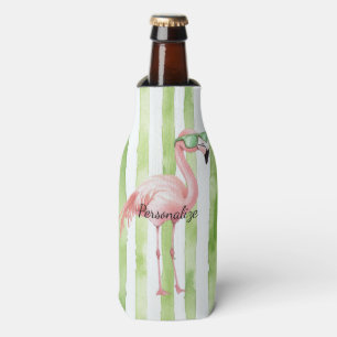 Enfriador De Botellas Green White Strips Pink Flamingo Beach