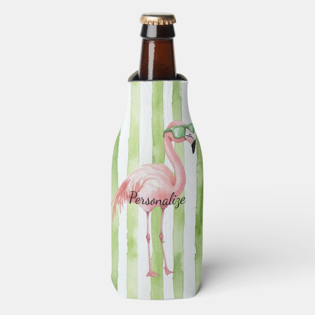 Enfriador De Botellas Green White Strips Pink Flamingo Beach (Frente de la botella)