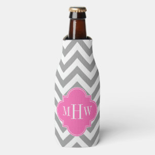 Enfriador De Botellas Gris Dk Chevron Quatrefoil Rosa Caliente 3 Monogra