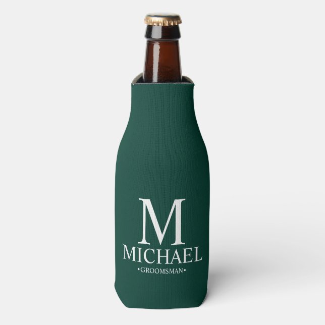 Enfriador De Botellas Groomsman personalizado del verde esmeralda modern (Frente de la botella)