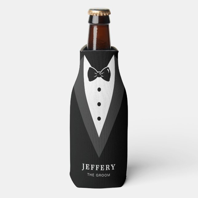 Enfriador De Botellas Groomsmen personalizado de escritura moderna negra (Frente de la botella)